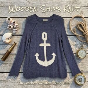 Wooden Ships Nautical Anchor Knit Sweater Blue Lightweight Coastal Size S/M